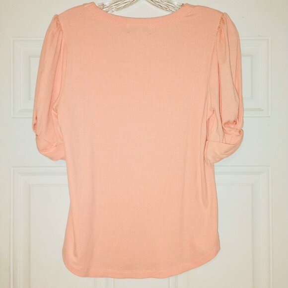 Evereve Top Stevie Twist Sleeve Ribbed Pastel Pink Peach Stretchy Scoop Neck XS - Picture 13 of 14